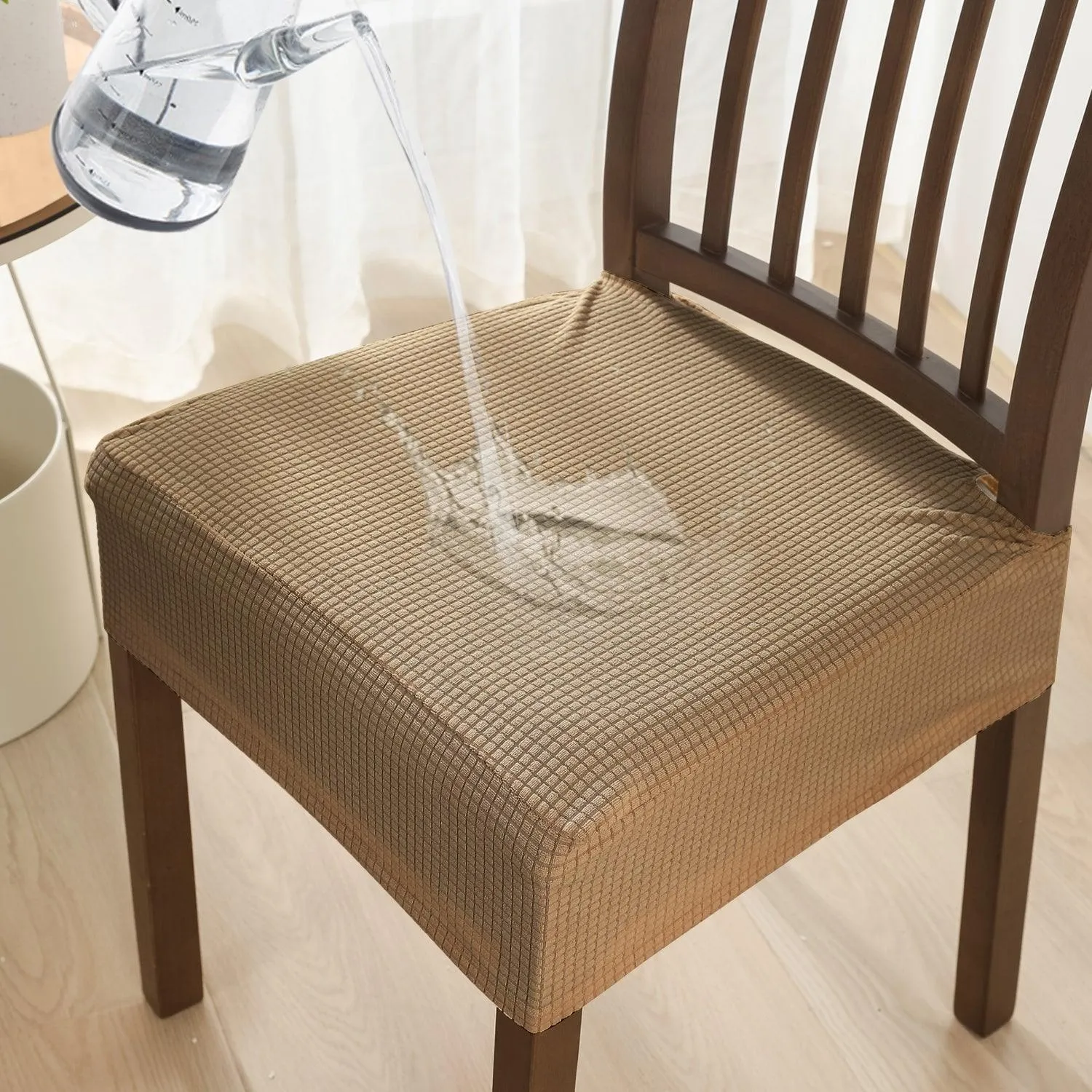 100% Waterproof Jacquard Dining Chair Seat Cushion Cover, Light Brown