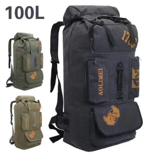 100L Large Canvas Rucksack for Camping, Durable Climbing Backpack