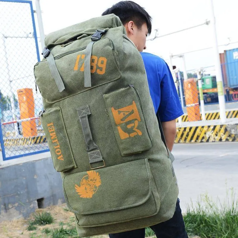 100L Large Canvas Rucksack for Camping, Durable Climbing Backpack