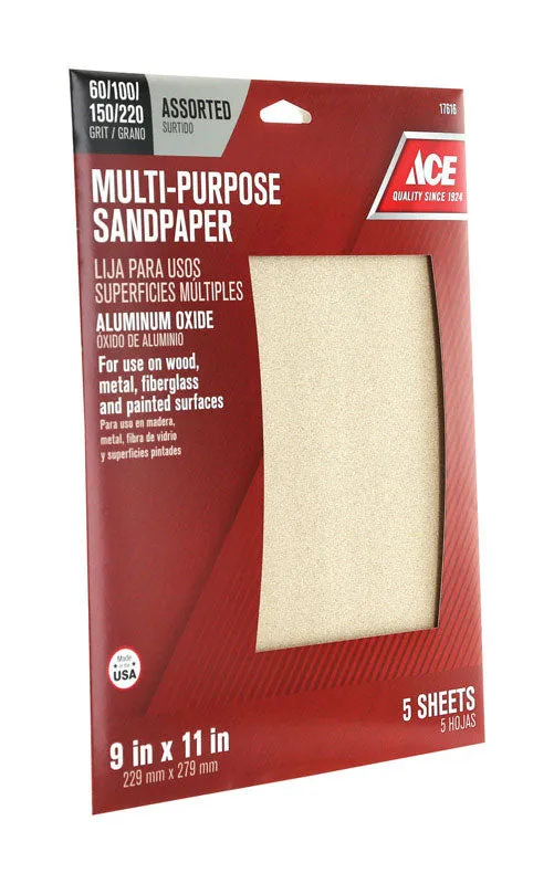 Ace 11 in. L X 9 in. W Assorted Grit Aluminum Oxide Sandpaper 5 pk