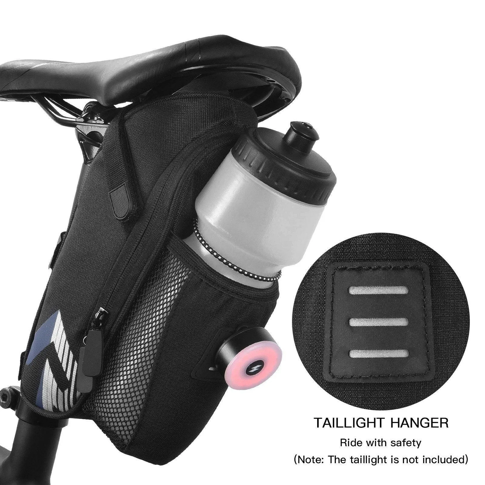 Bicycle Saddle Bag with Water Bottle Pocket Waterproof Bike Seat Bag Reflective Cycling Rear Seat Post Bag with Kettle Pouch Large Capacity Tail Rear Bag MTB Road Bike Bag Bicycle Storage Bag