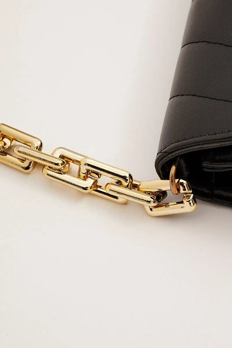 Black Chain Flap Baguette Bag