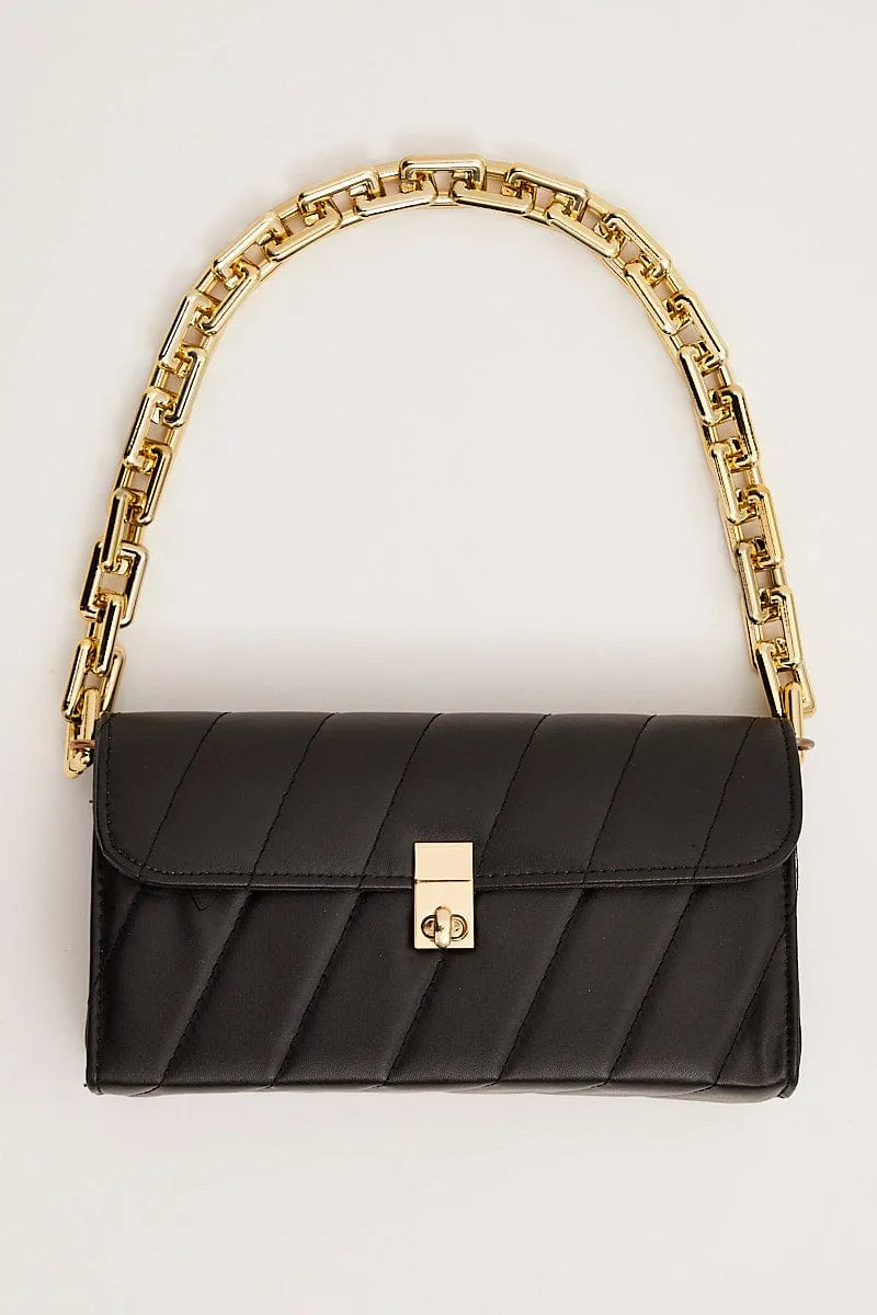 Black Chain Flap Baguette Bag