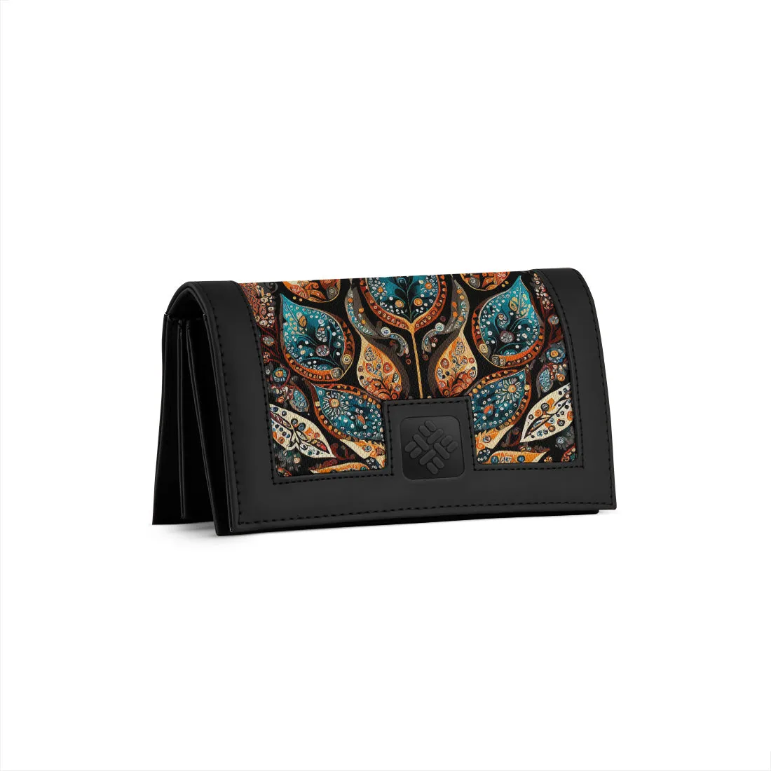 Black Sleek Elegance Fold Wallet Featuring Ornate Paisley Leaves