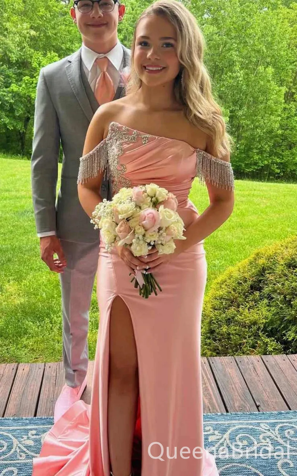 Blush Pink Off the Shoulder Mermaid Beaded Side Slit Party Dress Long Prom Dresses to Impress ,WGP1650