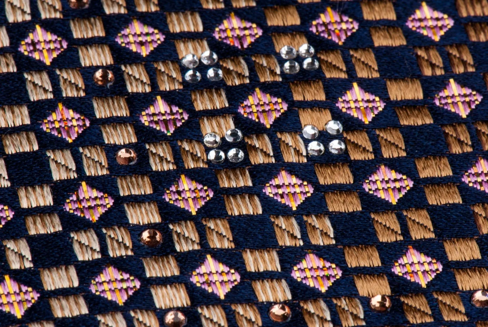 Cabrini Rhinestone Silk Neck Tie Checks & Stripes On Brown With Golden Sparkles