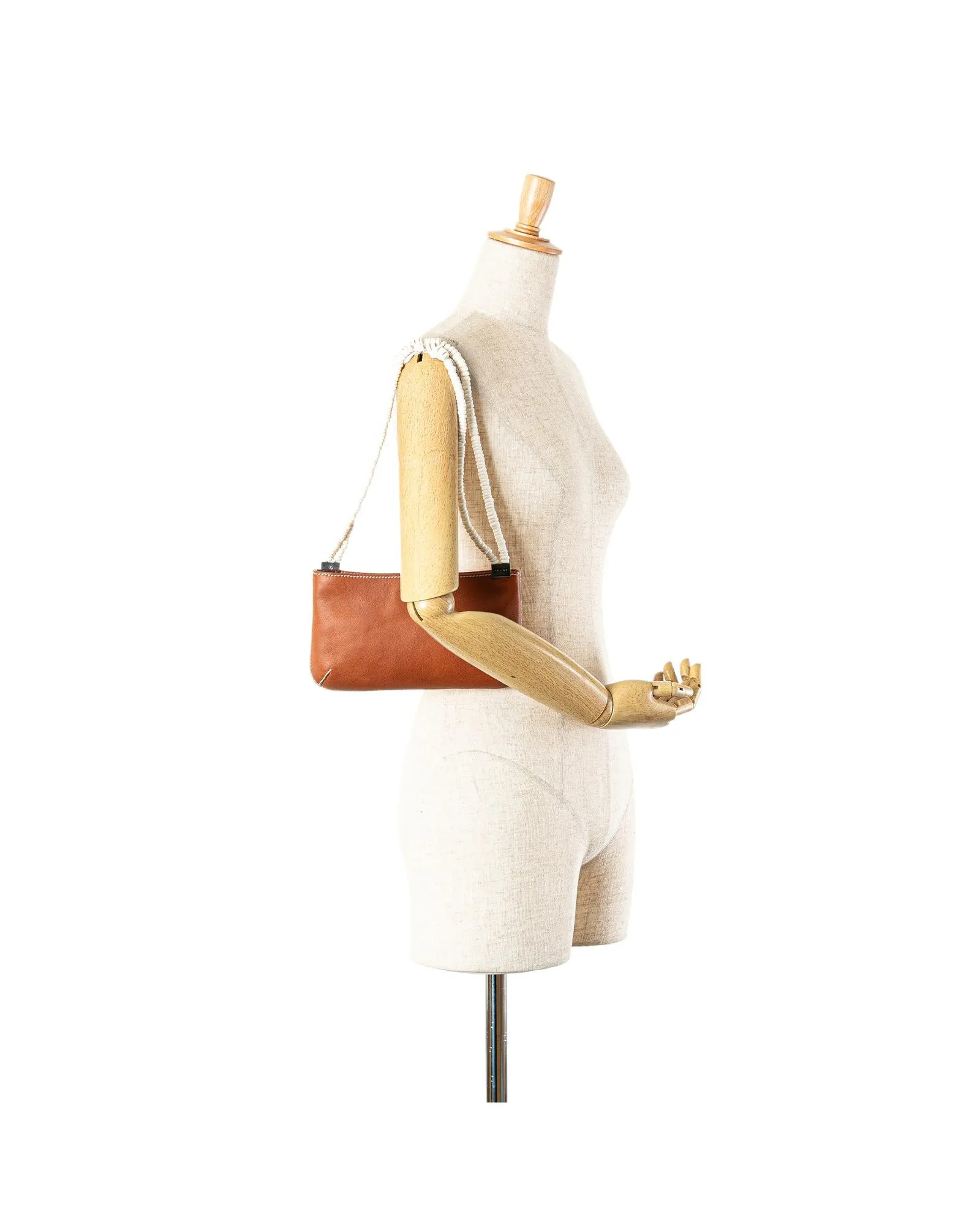 Calfskin Leather Shoulder Bag with Silver-Tone Hardware and Shell Strap