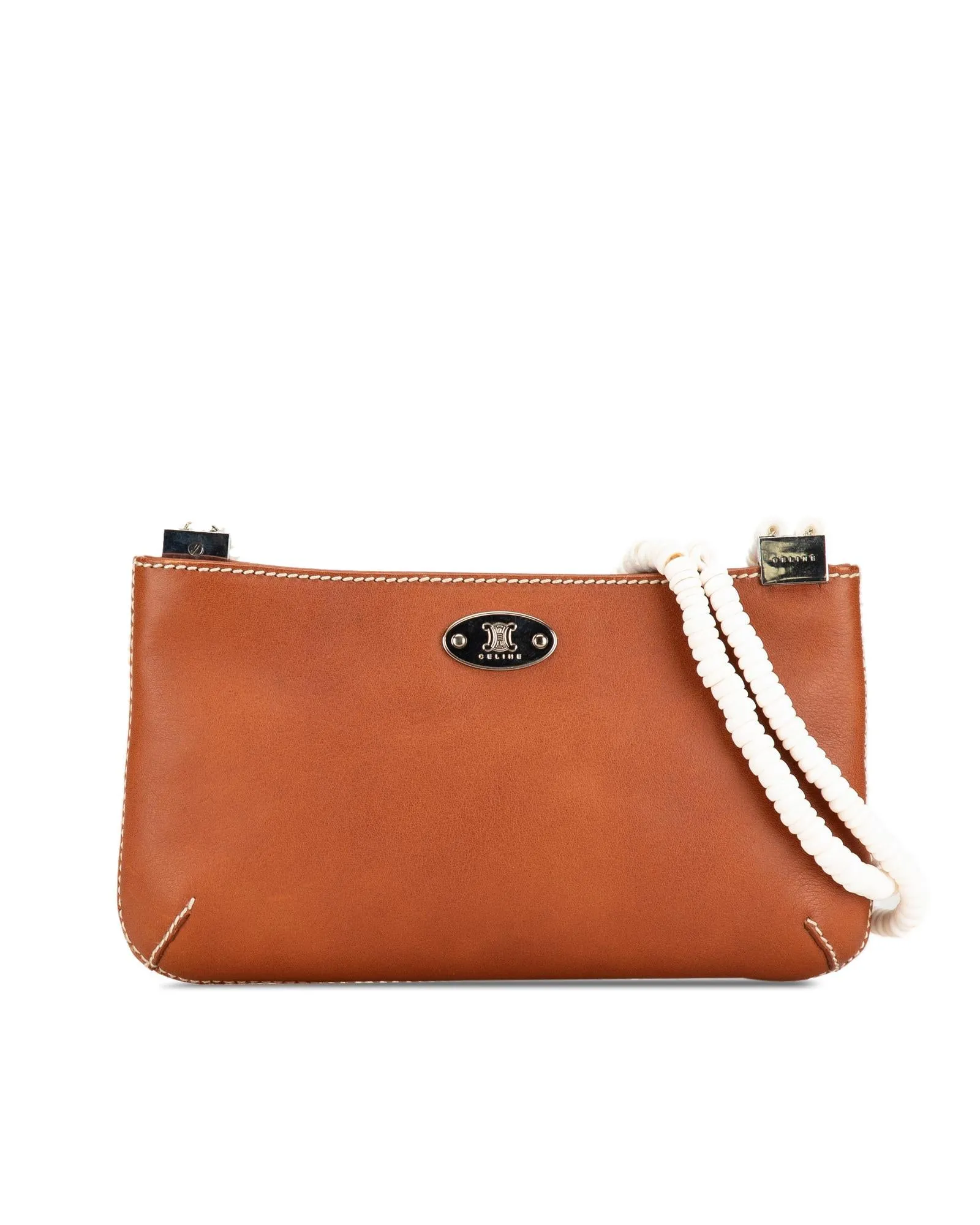 Calfskin Leather Shoulder Bag with Silver-Tone Hardware and Shell Strap