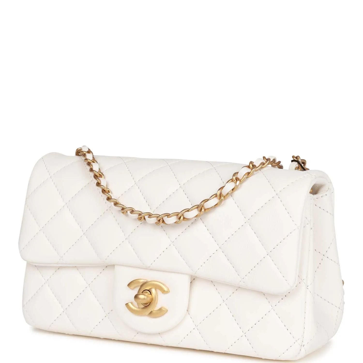 Chanel Pearl Crush Mini Rectangular Flap Bag White Lambskin Antique Gold Hardware