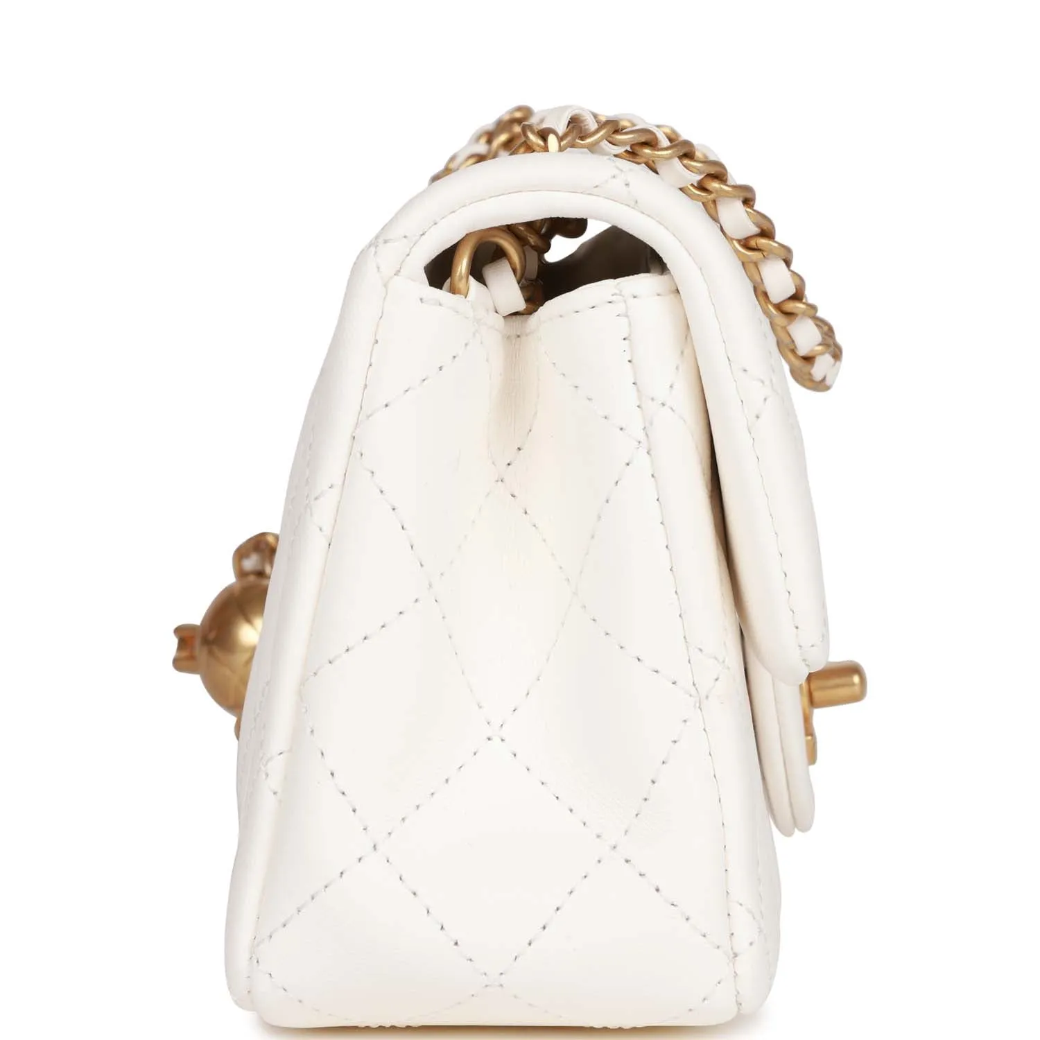 Chanel Pearl Crush Mini Rectangular Flap Bag White Lambskin Antique Gold Hardware