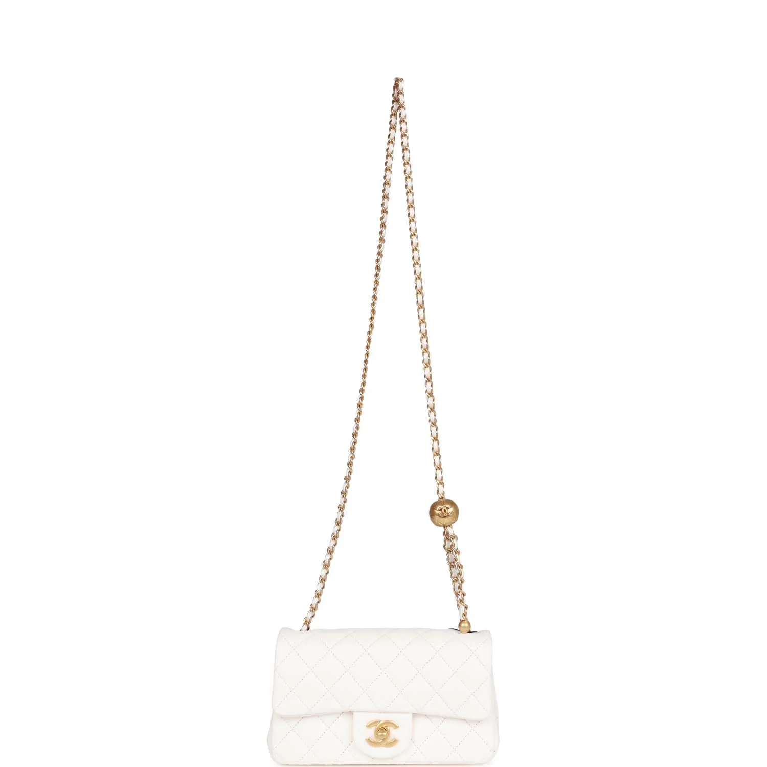 Chanel Pearl Crush Mini Rectangular Flap Bag White Lambskin Antique Gold Hardware