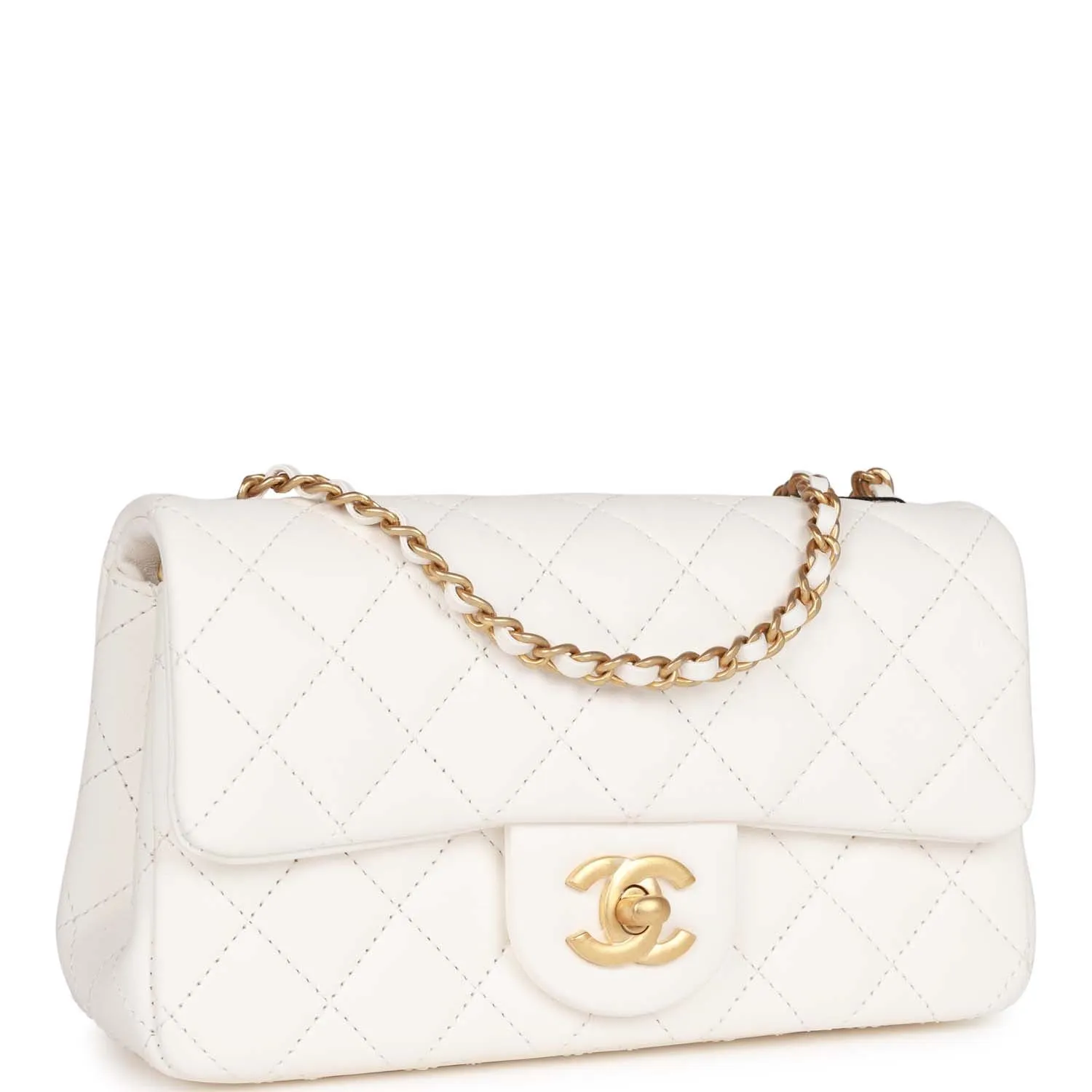 Chanel Pearl Crush Mini Rectangular Flap Bag White Lambskin Antique Gold Hardware