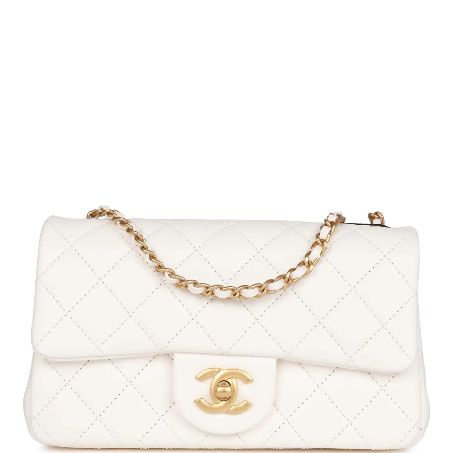 Chanel Pearl Crush Mini Rectangular Flap Bag White Lambskin Antique Gold Hardware