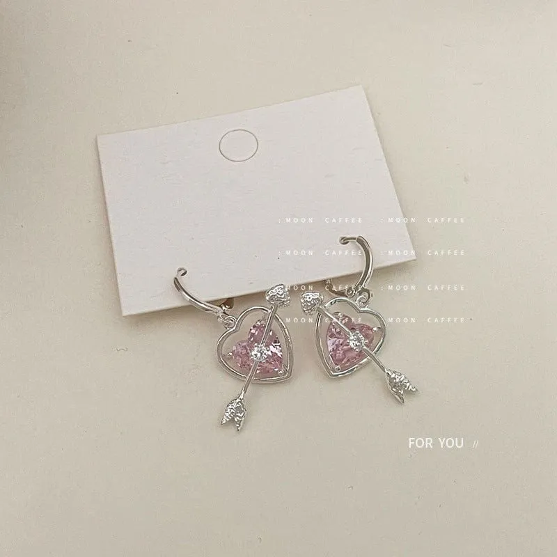 Charming Pink Crystal Arrow Heart Earrings