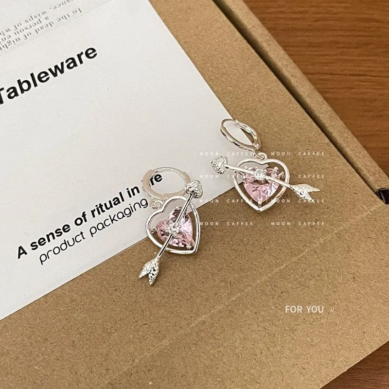 Charming Pink Crystal Arrow Heart Earrings