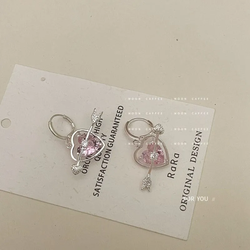 Charming Pink Crystal Arrow Heart Earrings