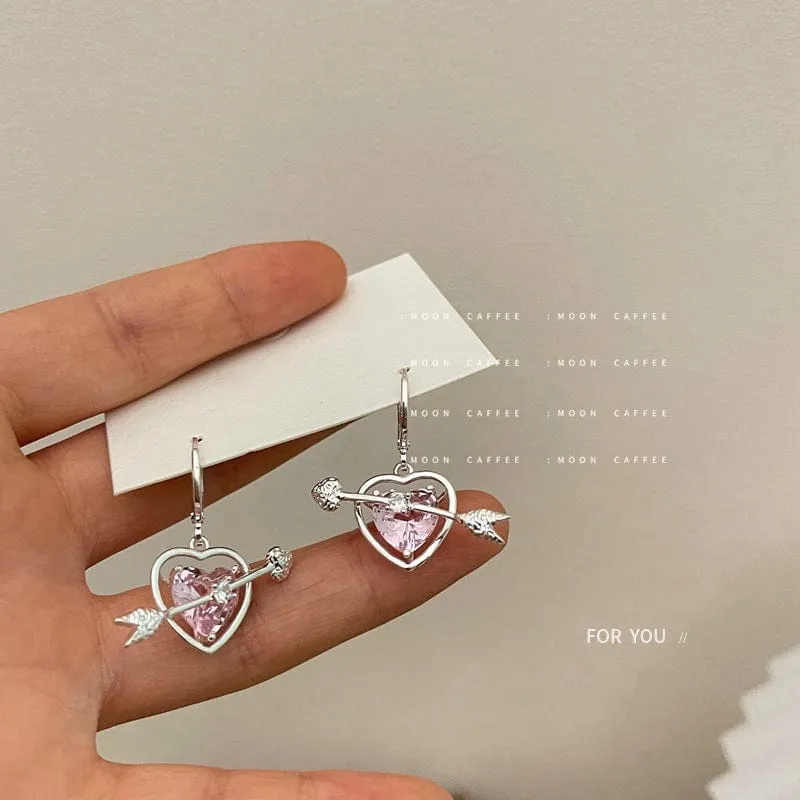 Charming Pink Crystal Arrow Heart Earrings