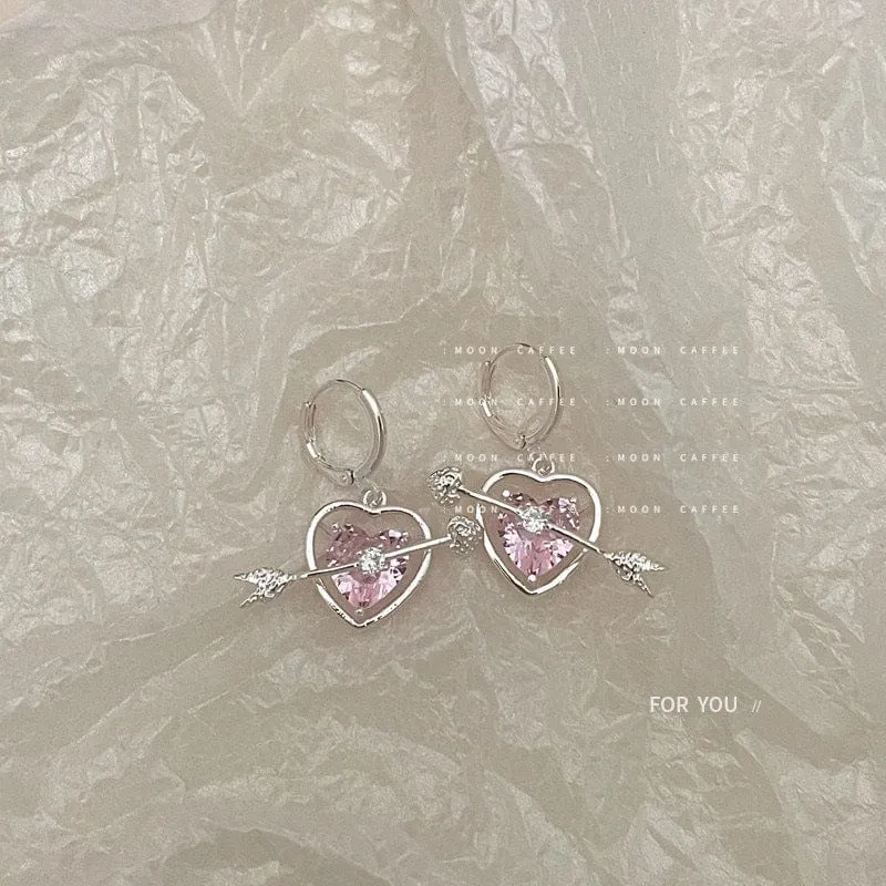 Charming Pink Crystal Arrow Heart Earrings