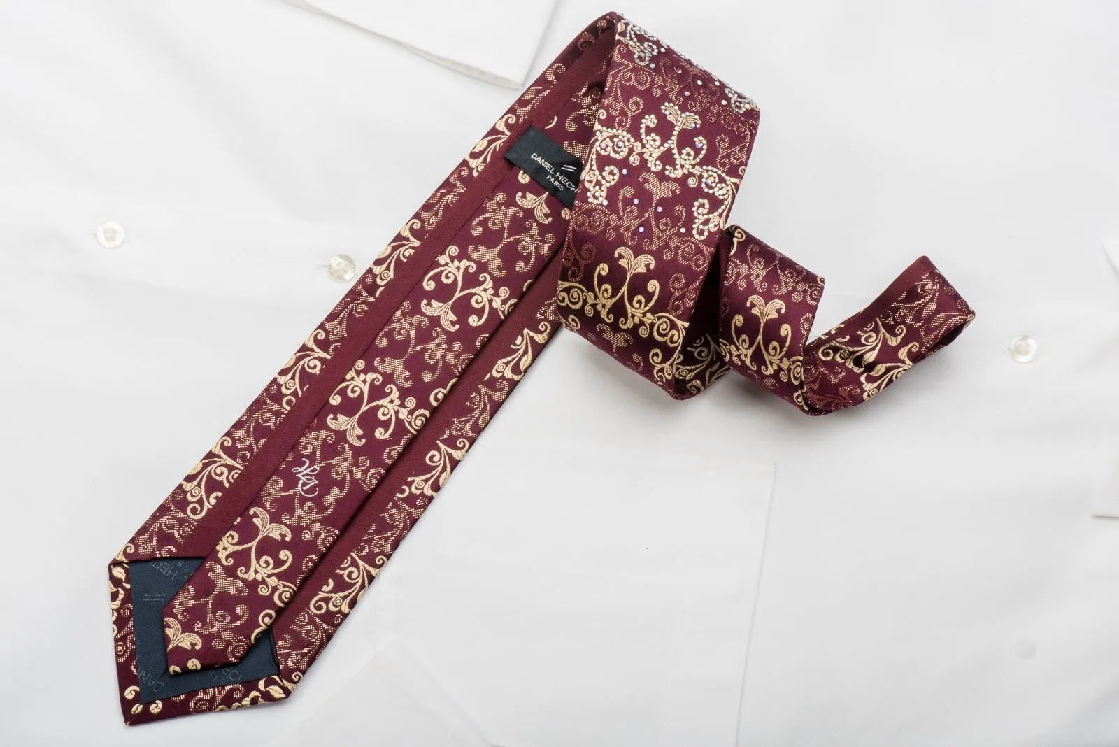 Daniel Hechter Men's Rhinestone Silk Tie Golden Damask On Burgundy With Sparkles