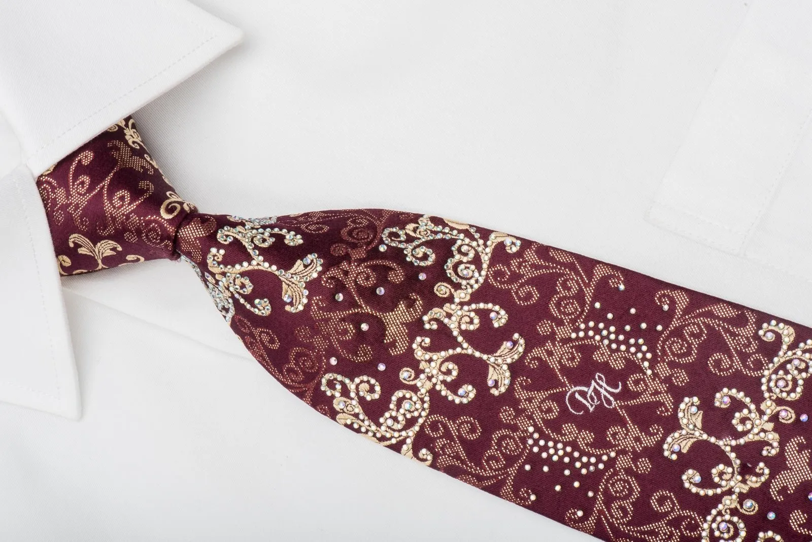 Daniel Hechter Men's Rhinestone Silk Tie Golden Damask On Burgundy With Sparkles