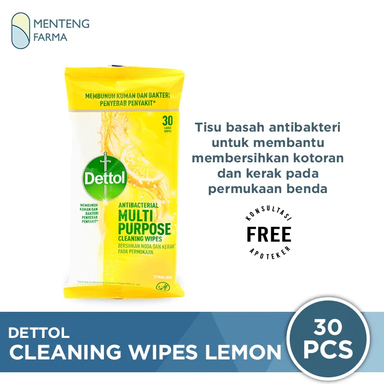 Dettol Multi Purpose Cleaning Wipes Lemon Isi 30 Lembar - Tisu Antibakteri Pembersih Noda dan Kotoran