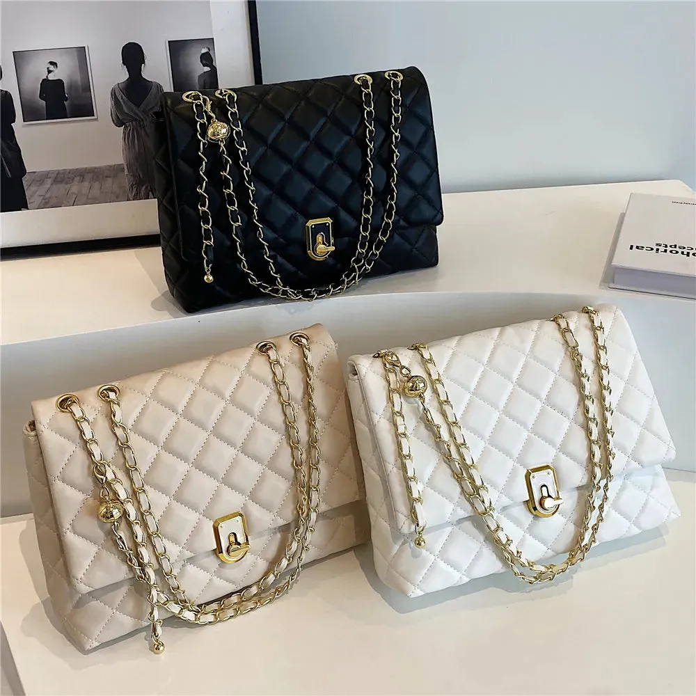 Dushi Quilted Large Chain Shoulder Bags For Women 2023 Luxury Designer Crossbody Bags PU Leather Ladies Handbags Black White