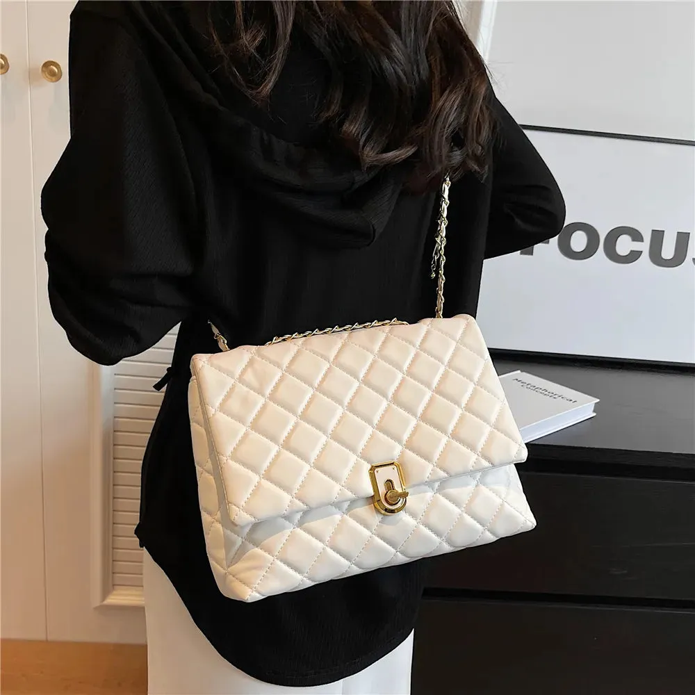 Dushi Quilted Large Chain Shoulder Bags For Women 2023 Luxury Designer Crossbody Bags PU Leather Ladies Handbags Black White