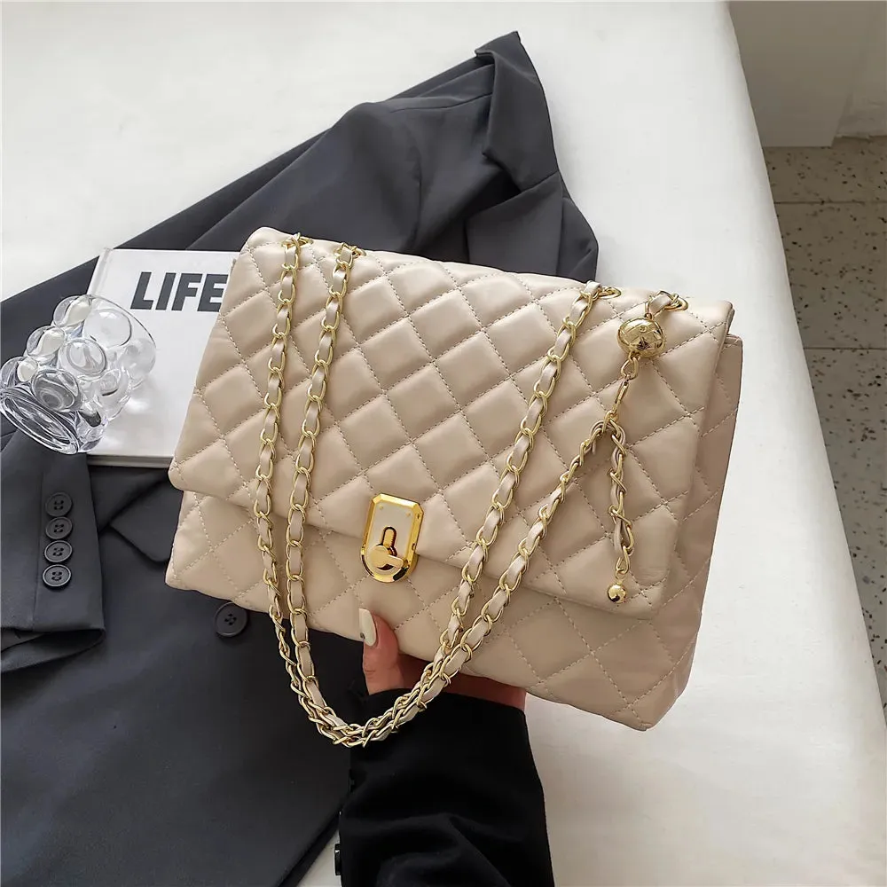 Dushi Quilted Large Chain Shoulder Bags For Women 2023 Luxury Designer Crossbody Bags PU Leather Ladies Handbags Black White