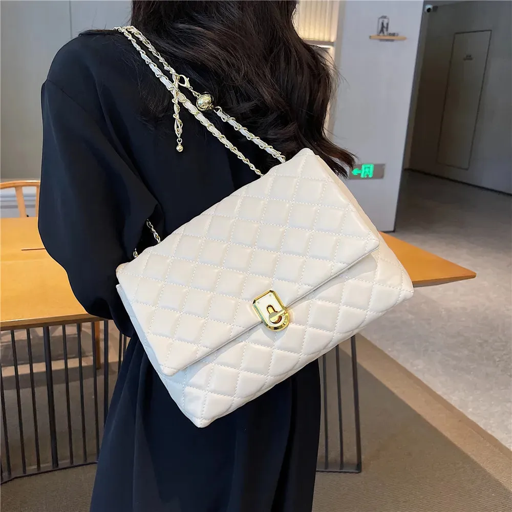 Dushi Quilted Large Chain Shoulder Bags For Women 2023 Luxury Designer Crossbody Bags PU Leather Ladies Handbags Black White