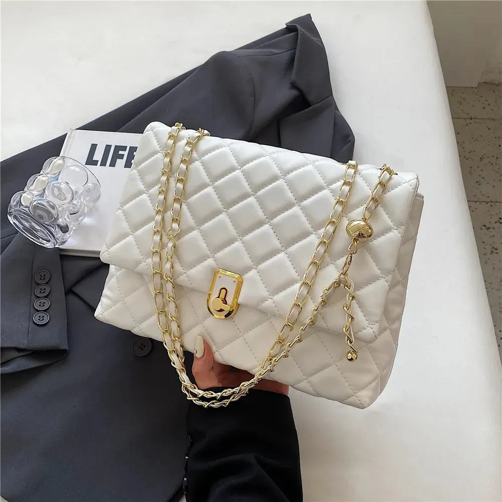 Dushi Quilted Large Chain Shoulder Bags For Women 2023 Luxury Designer Crossbody Bags PU Leather Ladies Handbags Black White