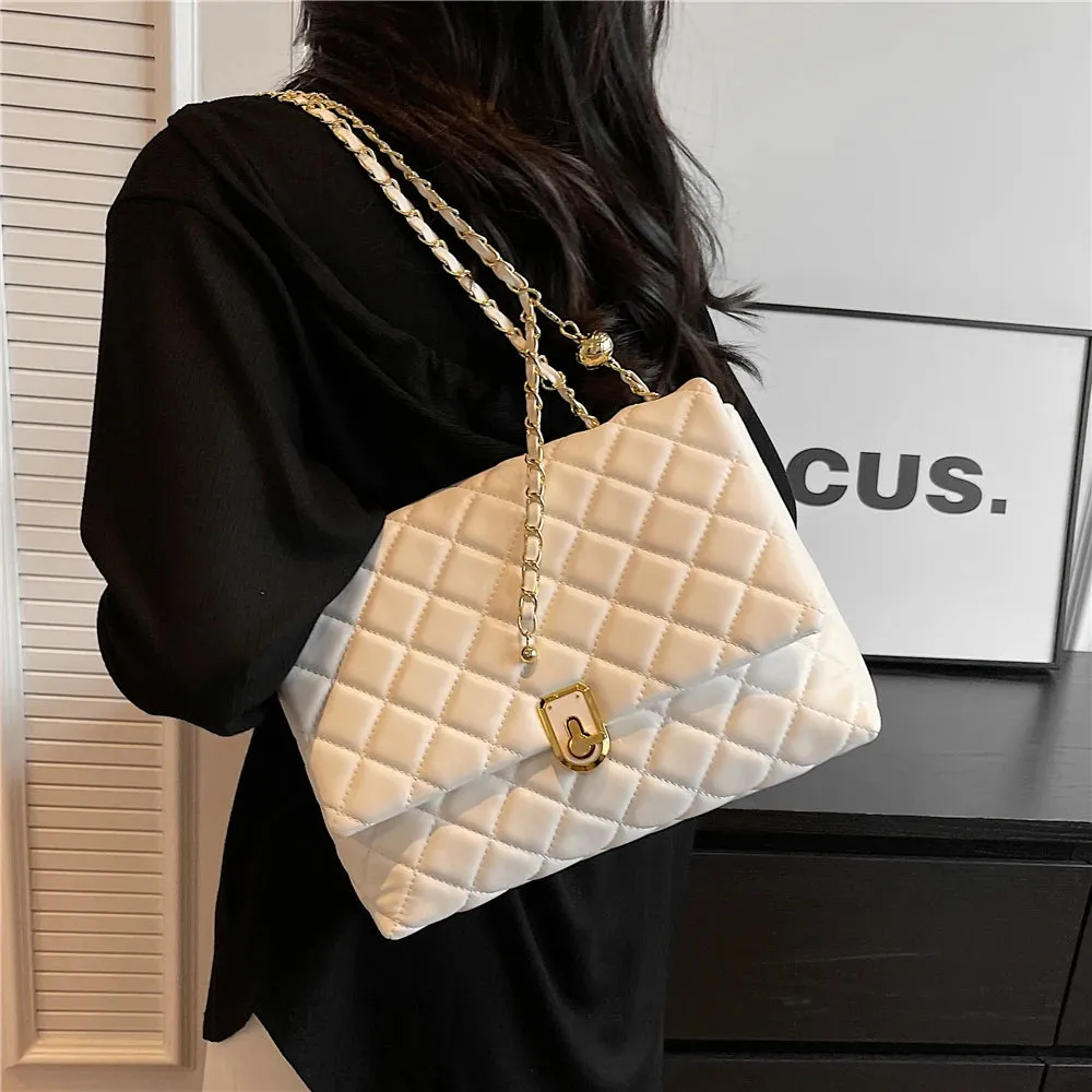 Dushi Quilted Large Chain Shoulder Bags For Women 2023 Luxury Designer Crossbody Bags PU Leather Ladies Handbags Black White