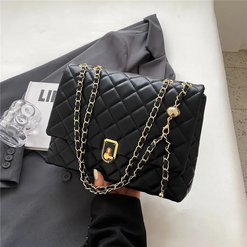 Dushi Quilted Large Chain Shoulder Bags For Women 2023 Luxury Designer Crossbody Bags PU Leather Ladies Handbags Black White