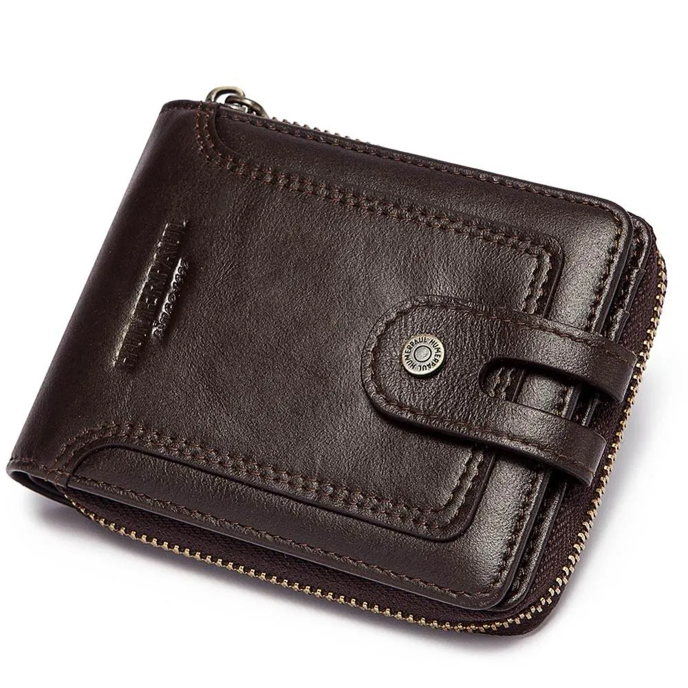 Fashion Purse for Men / Genuine Leather Wallet on Zipper / Multifunction Short Wallet