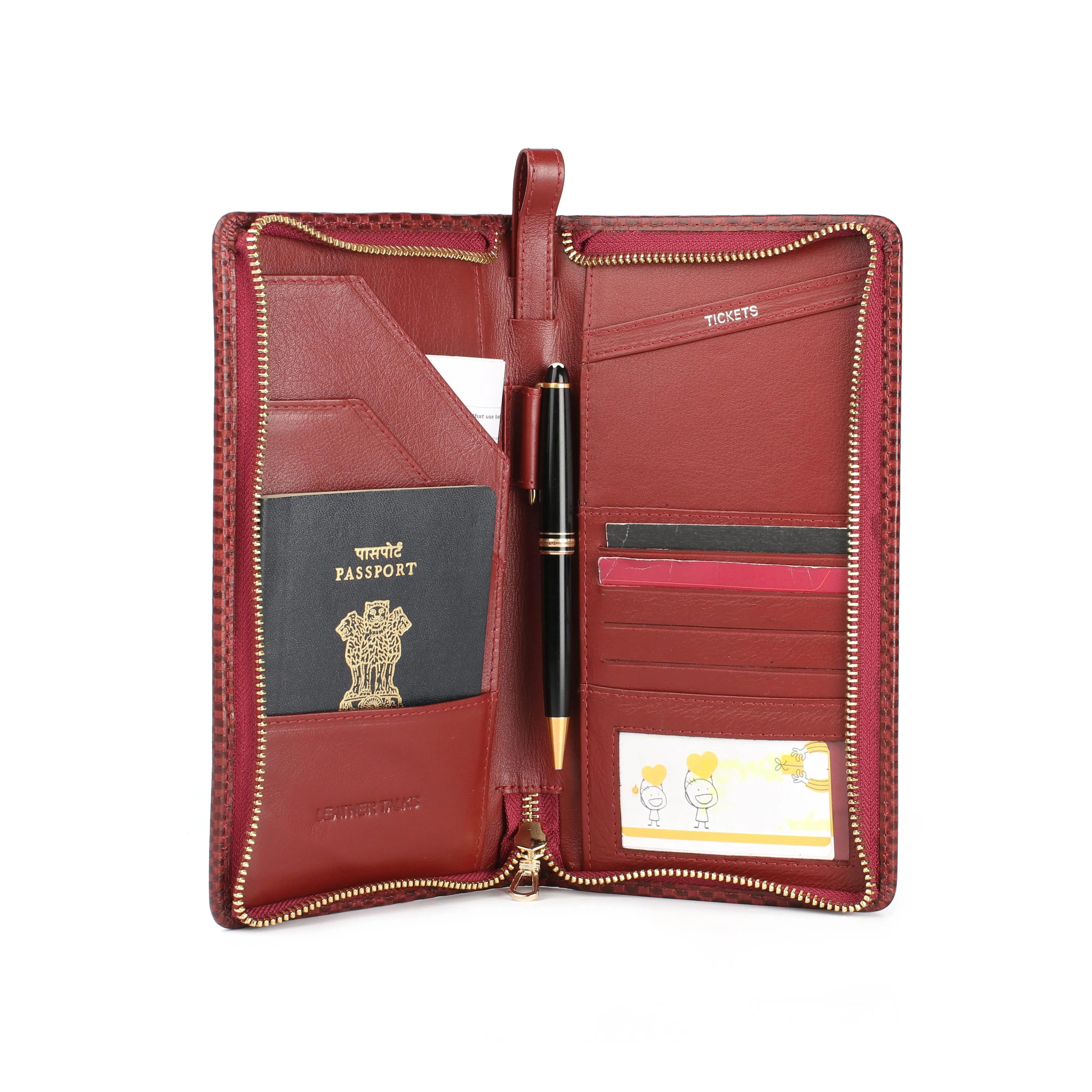 Full Zip Passport Travel Wallet For Women | 100% Genuine Leather | Color: Brown & Cherry