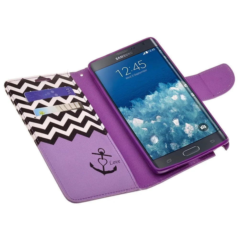 Galaxy Note Edge Case, Wrist Strap Magnetic Flip Fold[Kickstand] Pu Leather Wallet Case with ID & Credit Card Slots for Samsung Galaxy Note Edge - Purple Anchor