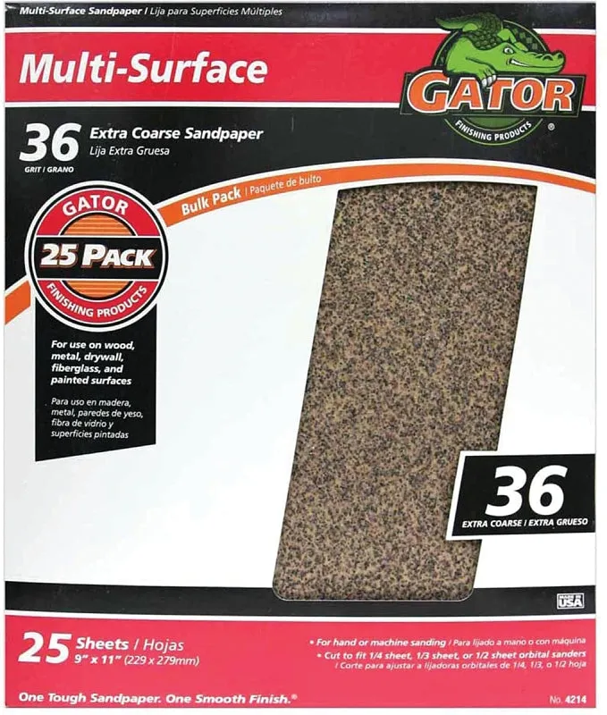 Gator 3269 Sanding Sheet, 11 in L, 9 in W, 36 Grit, Extra Coarse, Aluminum Oxide Abrasive :EA: QUANTITY: 25