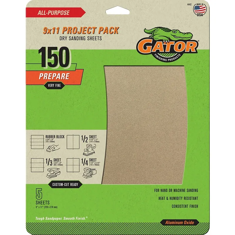 Gator 4442 Sanding Sheet, 11 in L, 9 in W, 150 Grit, Fine, Aluminum Oxide Abrasive :PK  5: QUANTITY: 1