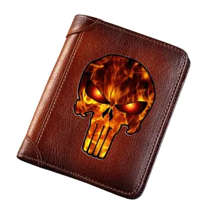 Genuine Leather Wallets with Fire Military Skull Printing / Luxury Male Wallet