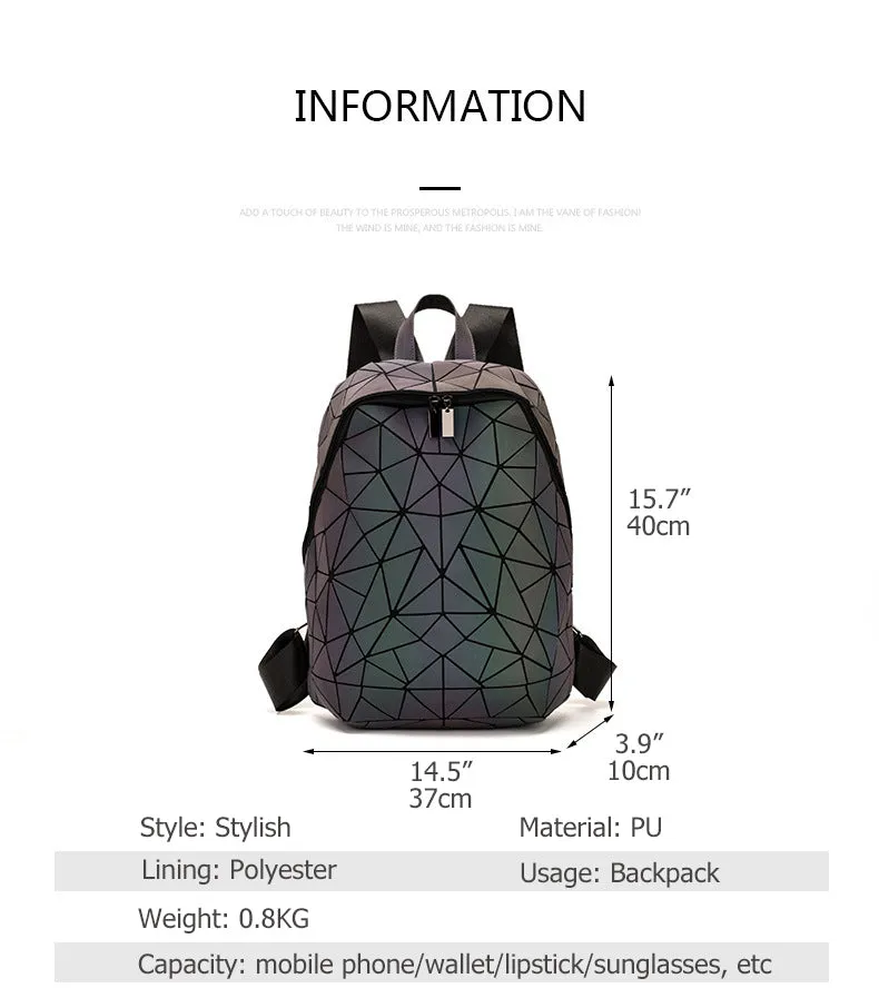 Geometric Laser Diamond Backpack for Women- Large Capacity & Leisure Backpack with Glow-in-the-Dark Design