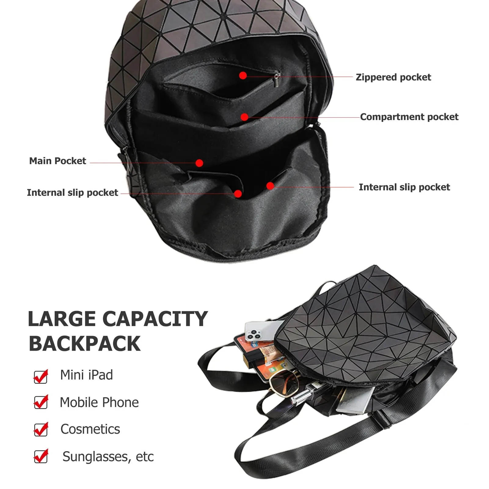 Geometric Laser Diamond Backpack for Women- Large Capacity & Leisure Backpack with Glow-in-the-Dark Design