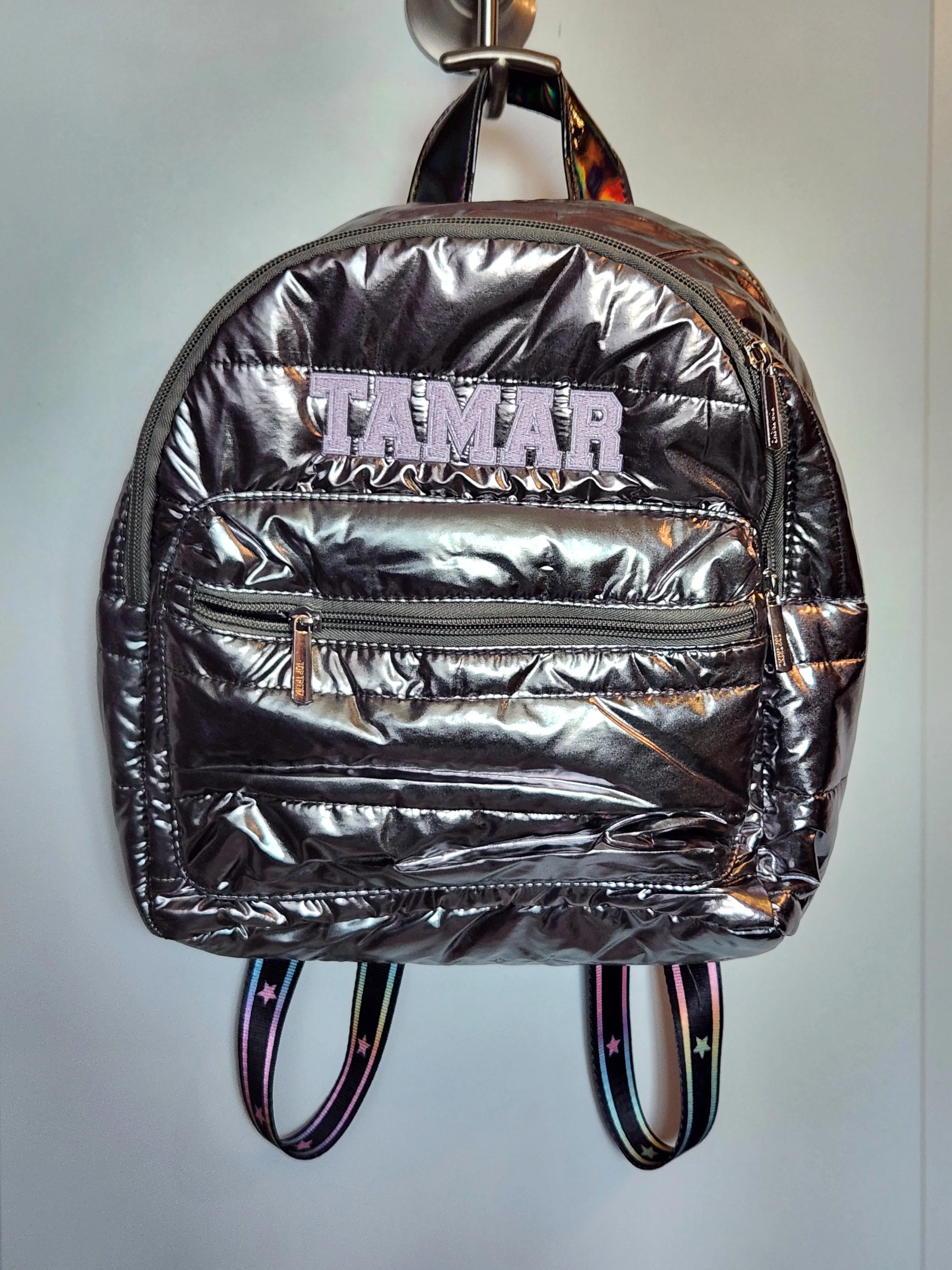 Gunmetal Puffer Mini Backpack with Gradient Star Strap