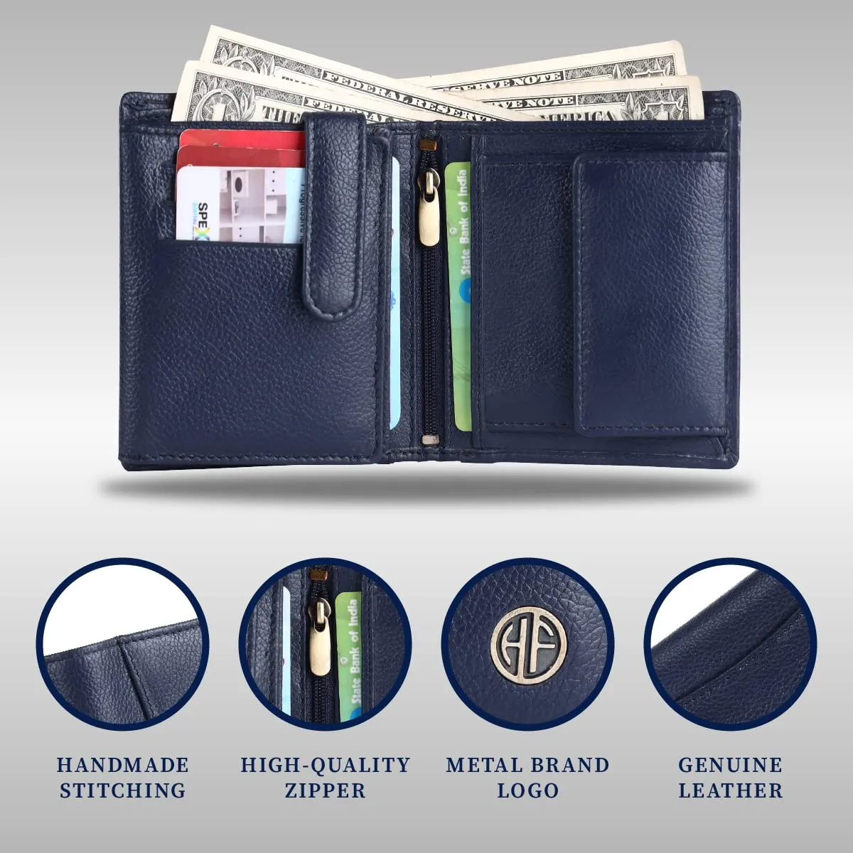 HAMMONDS FLYCATCHER Genuine Leather Wallet for Men, RFID Protected Leather Purse for Men, Money Purse for Men, Tri-Fold Wallet, 9 Card Slots, 2 ID Slots, Coin Pocket, Hidden Pockets - Blue