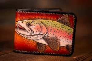 Handcrafted Leather Bifold Wallet - Trout Design for Fishing and Nature Enthusiasts - 6 Card Slots and Cash Section