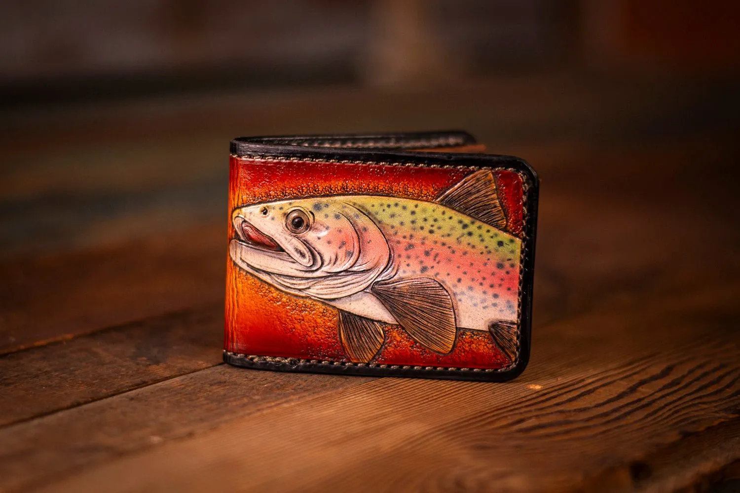 Handcrafted Leather Bifold Wallet - Trout Design for Fishing and Nature Enthusiasts - 6 Card Slots and Cash Section