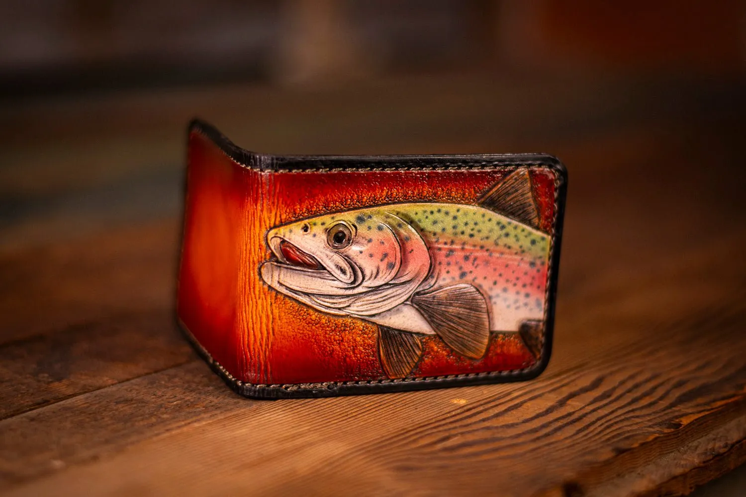 Handcrafted Leather Bifold Wallet - Trout Design for Fishing and Nature Enthusiasts - 6 Card Slots and Cash Section