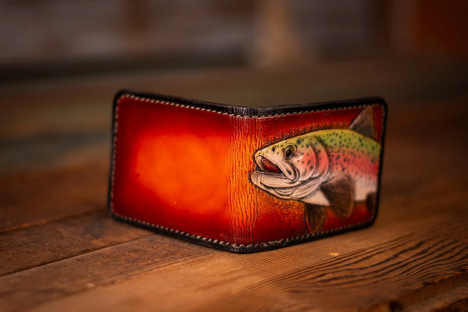 Handcrafted Leather Bifold Wallet - Trout Design for Fishing and Nature Enthusiasts - 6 Card Slots and Cash Section