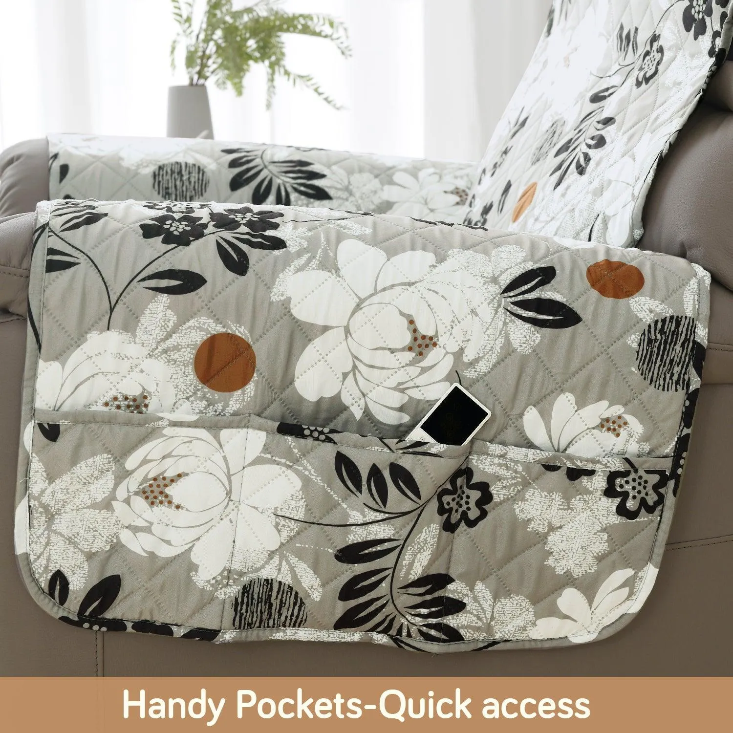 HOKIPO Water Repellent & Waterproof Quilted Recliner Sofa Cover for Small / Large - Feather Brown Floral