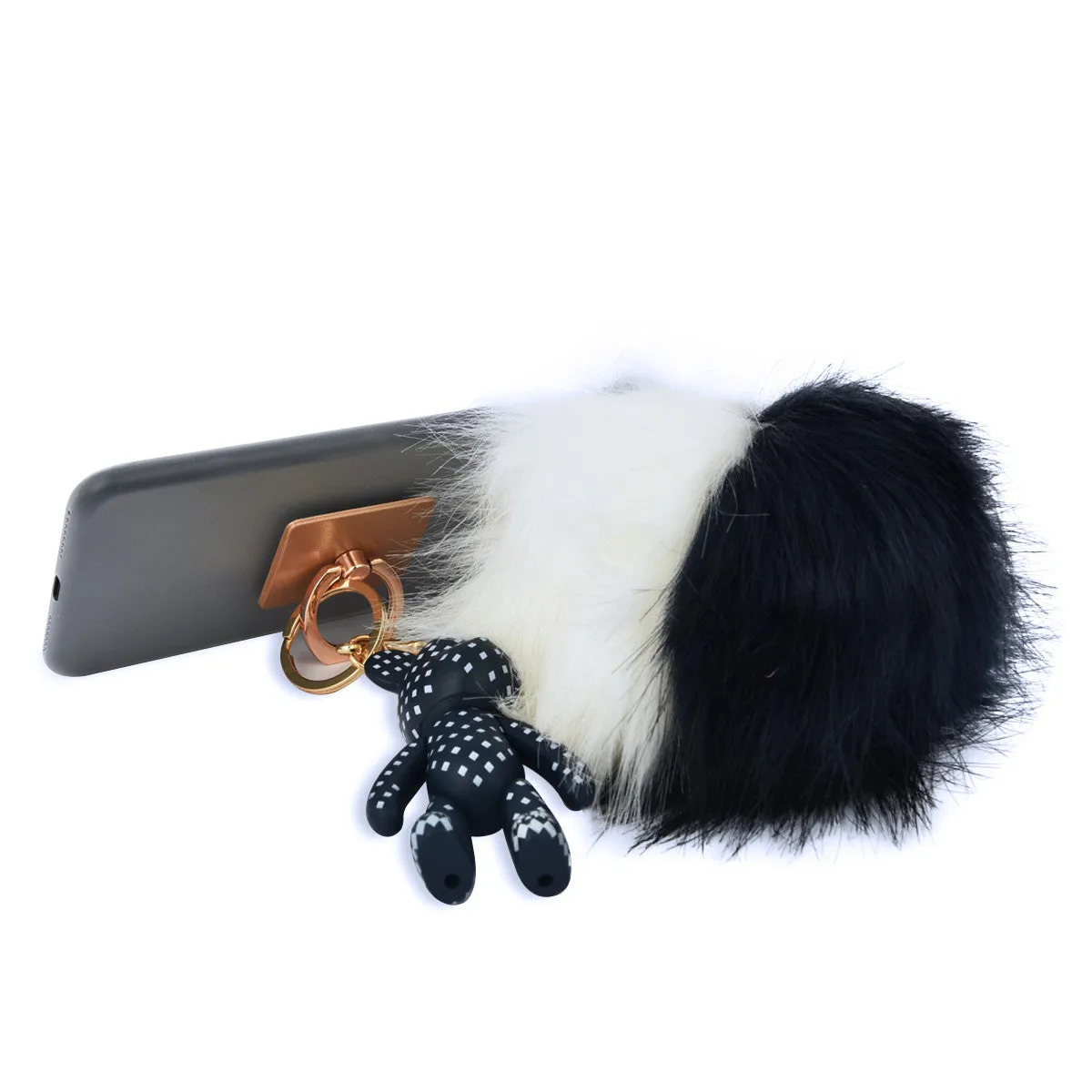 iOrigin Ring Grip and Kick Stand   Two-Toned Furry Ball Key Chain with Bear for Mobile Phones & Tablets