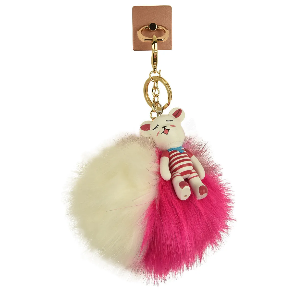 iOrigin Ring Grip and Kick Stand   Two-Toned Furry Ball Key Chain with Bear for Mobile Phones & Tablets