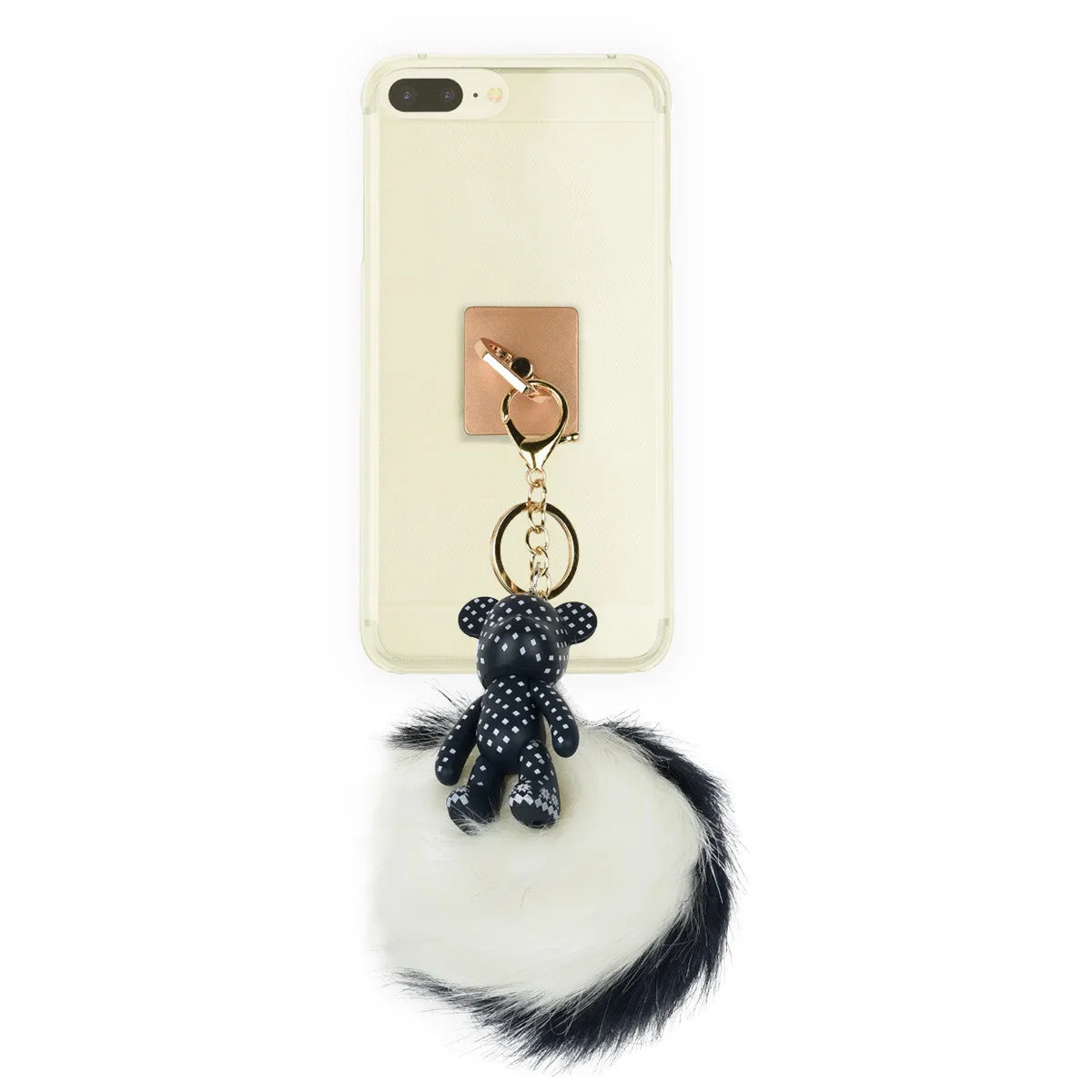 iOrigin Ring Grip and Kick Stand   Two-Toned Furry Ball Key Chain with Bear for Mobile Phones & Tablets